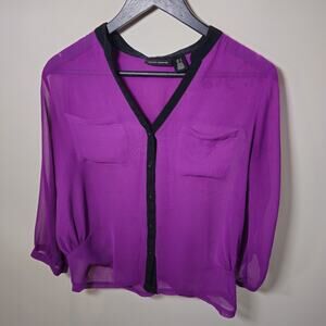 DKNY Jeans Sheer Magenta Blouse Size Small Black Trim Button Front 3/4 Sleeve